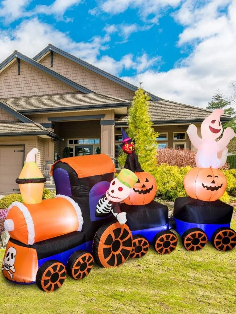 9ft Halloween Inflatable Train with Kittens, Ghosts & Pumpkins - Festive Decor
